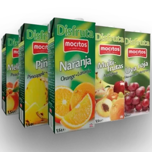 Zumo Mocitos formato 1,5 litros con sabores naranja, melocotón, piña, multifrutas y uva roja